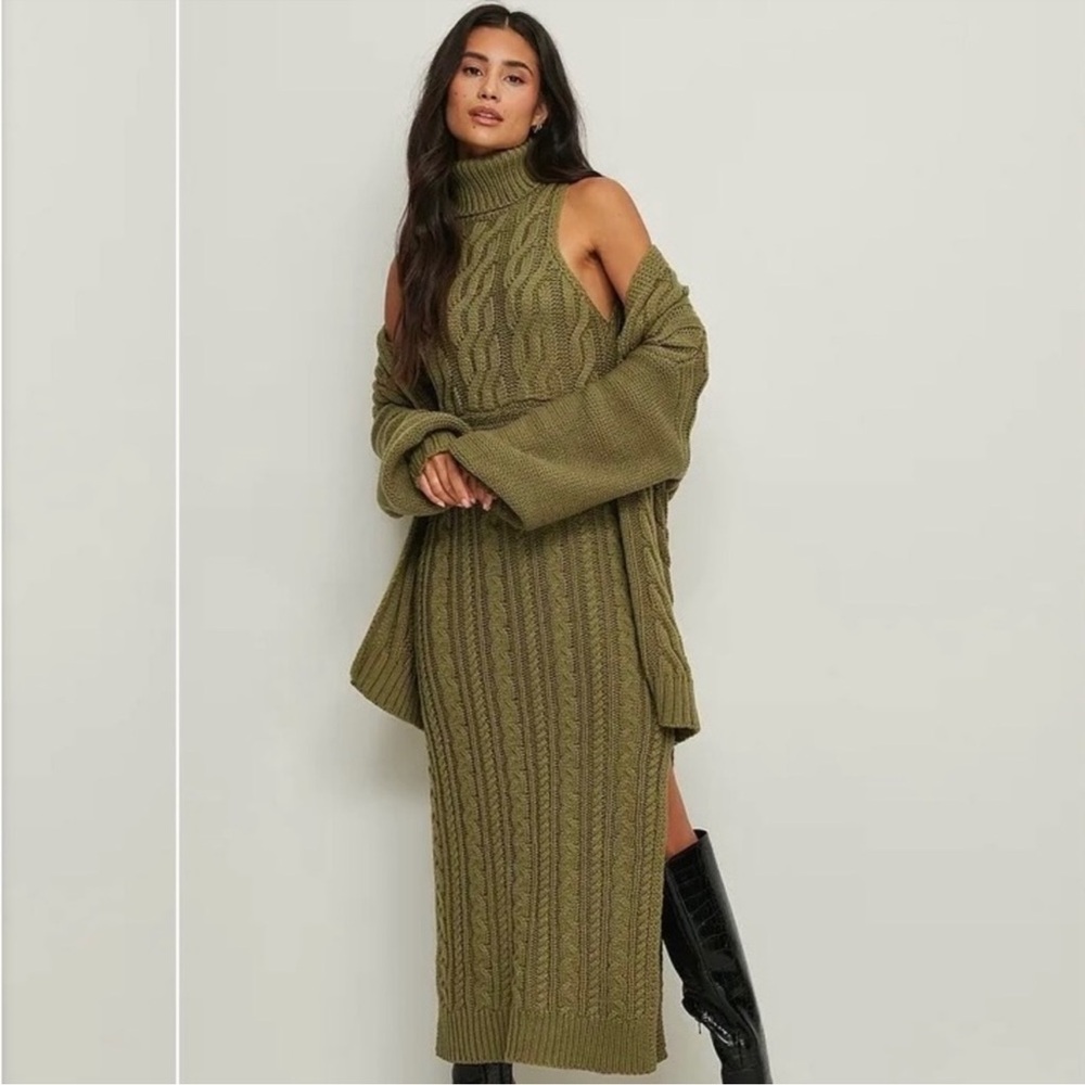 BNWT NA-KD Olive Green Cable Knit dress and cardigan